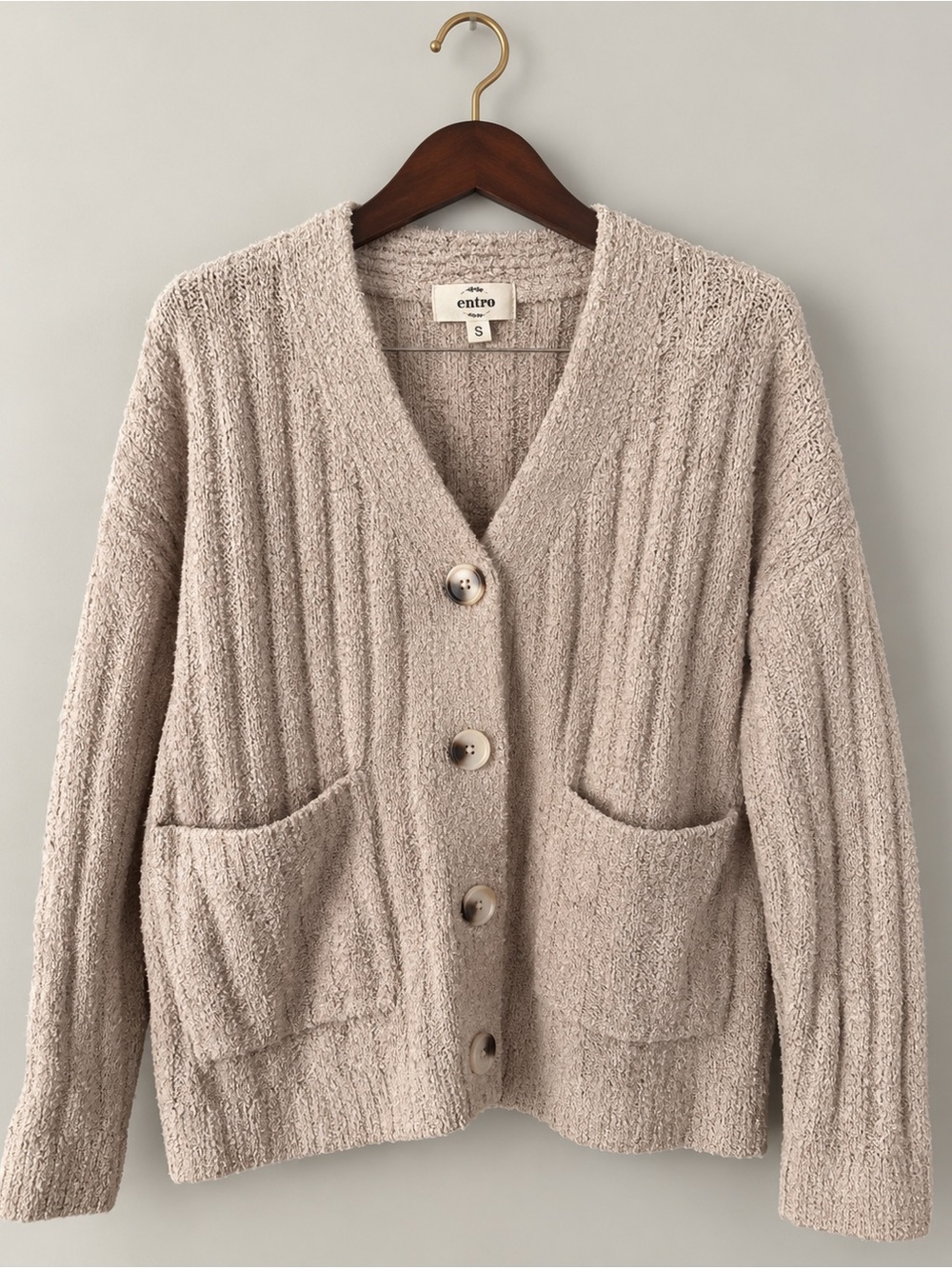 Entro Cozy Fuzzy Boucle Cable Knit Button Cardigan Oatmeal S